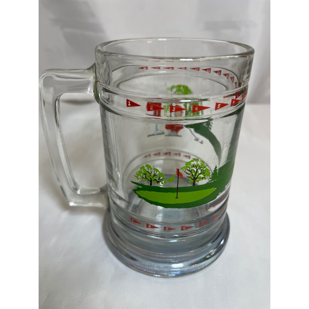 Vintage Golf Beer Mug Glass Stein 18 Holes Golfing Scene Red Flags Clear Glass - Picture 2 of 5